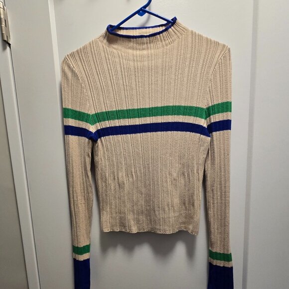 BDG Kiara Women's Open Back Ribbed Long Sleeve Sweater Beige Green Navy - Medium - Picture 10 of 13